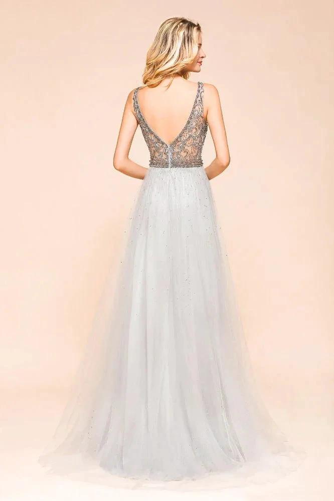 Sparkly V-Neck Aline Evening Dress Floor Length Sleeveless Wedding Party Dress - Image 2
