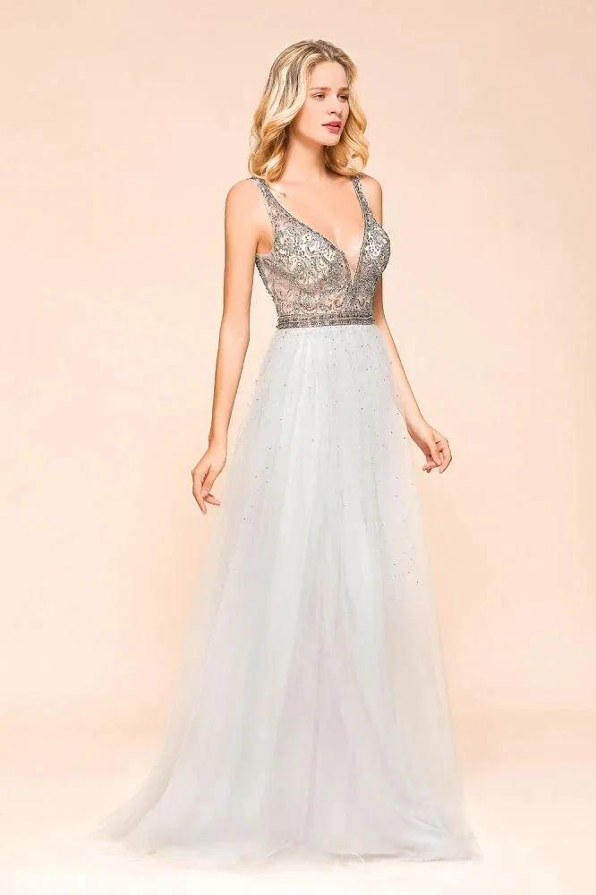 Sparkly V-Neck Aline Evening Dress Floor Length Sleeveless Wedding Party Dress - Image 3
