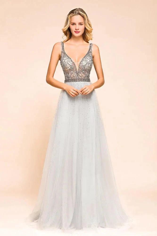 Sparkly V-Neck Aline Evening Dress Floor Length Sleeveless Wedding Party Dress - Image 5