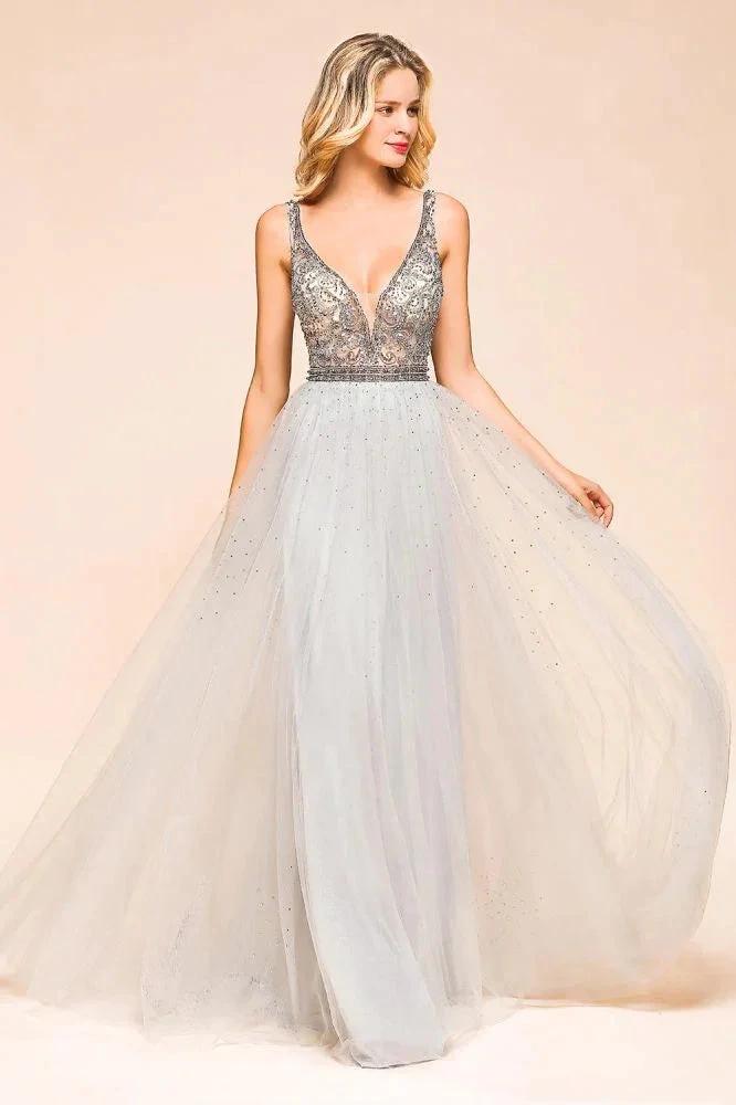 Sparkly V-Neck Aline Evening Dress Floor Length Sleeveless Wedding Party Dress - Image 6