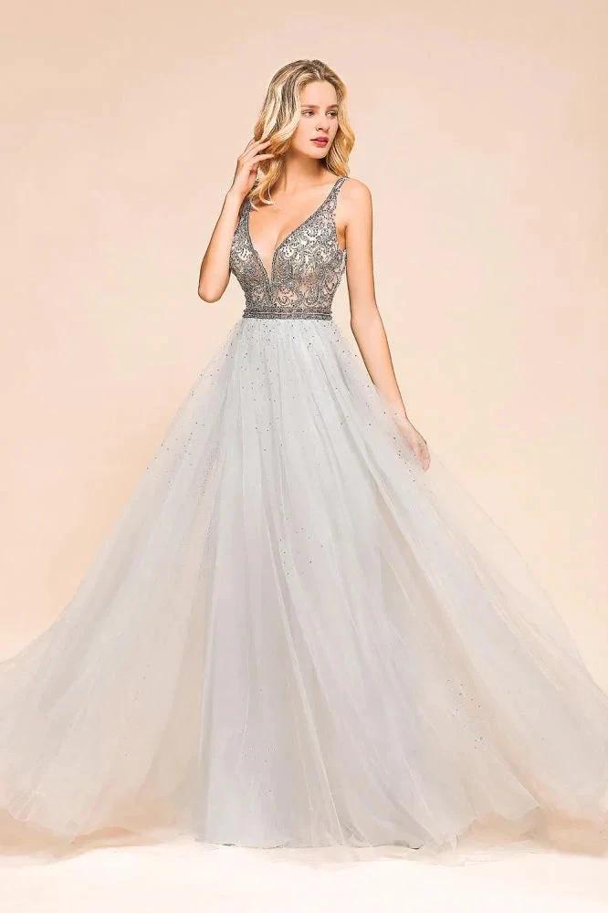 Sparkly V-Neck Aline Evening Dress Floor Length Sleeveless Wedding Party Dress - Image 8