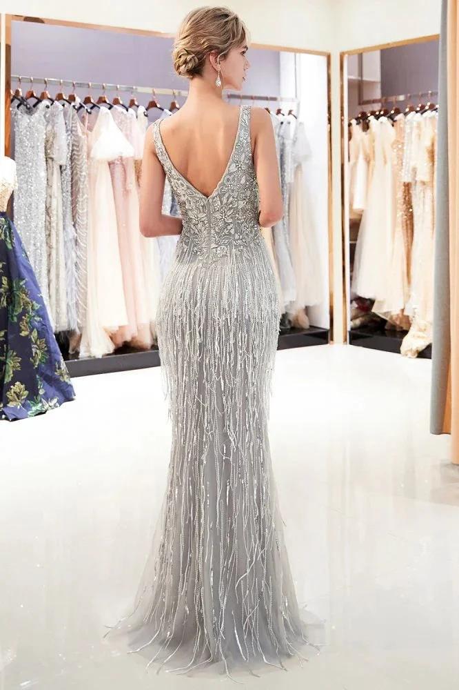 Sparkly V-Neck Tassels Mermaid Prom Dress Sequins Party Gown - Image 2