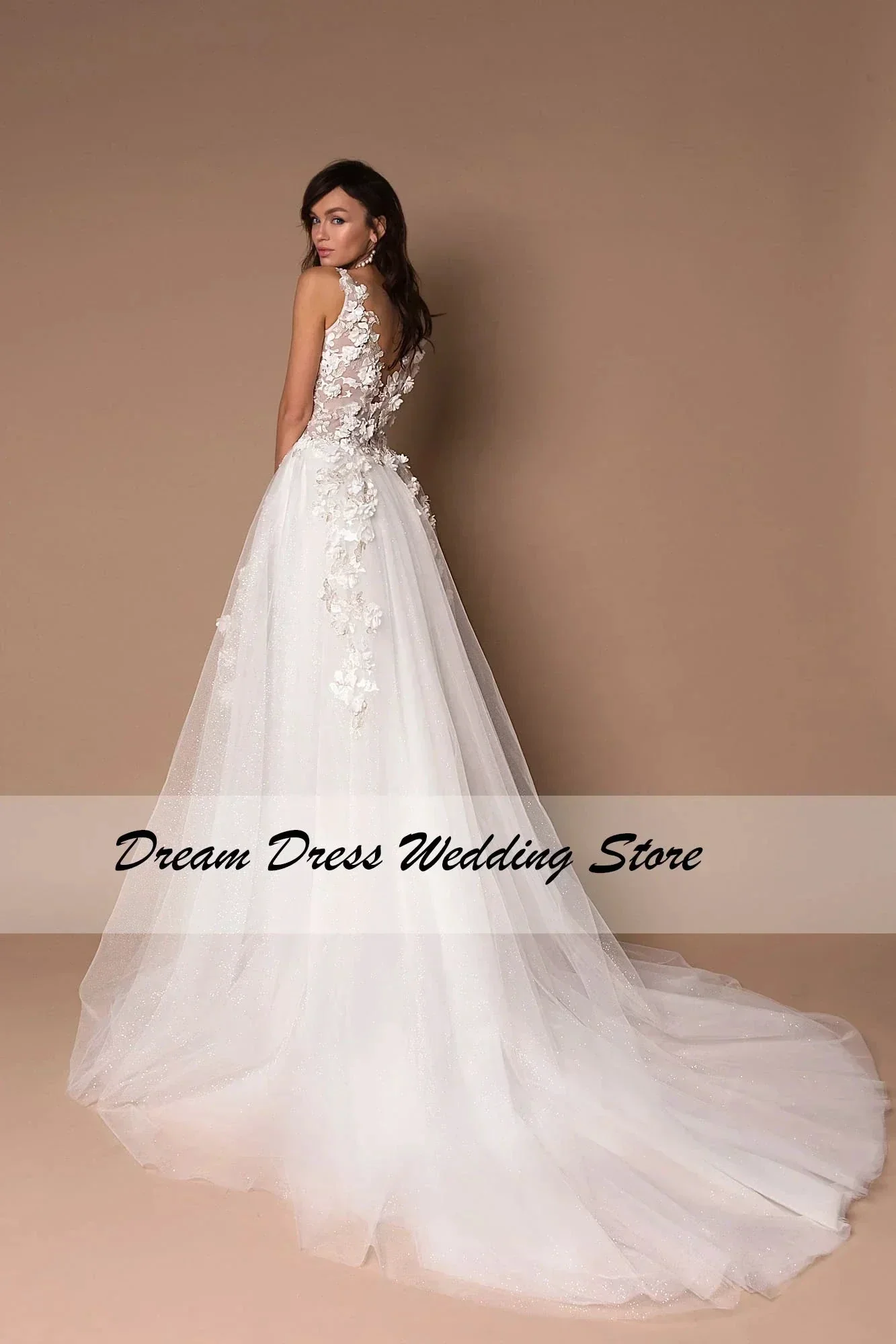 Sparkly V-Neck Wedding Dresses 2023 Boho 3D Appliques Tulle Bridal Gowns Vestidos De Novia Bohemian Princess Brides Dresses - Image 3