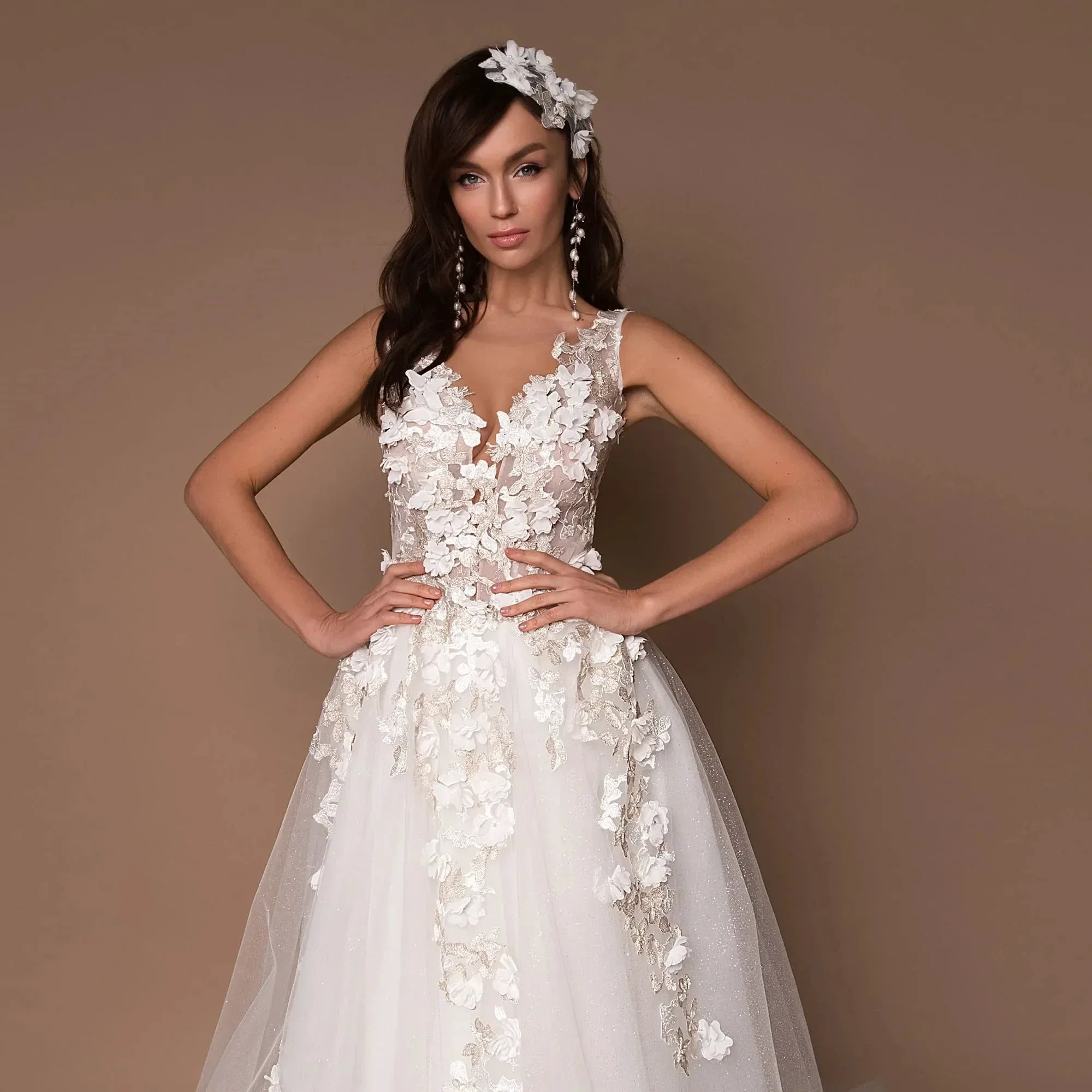 Sparkly V-Neck Wedding Dresses 2023 Boho 3D Appliques Tulle Bridal Gowns Vestidos De Novia Bohemian Princess Brides Dresses - Image 5