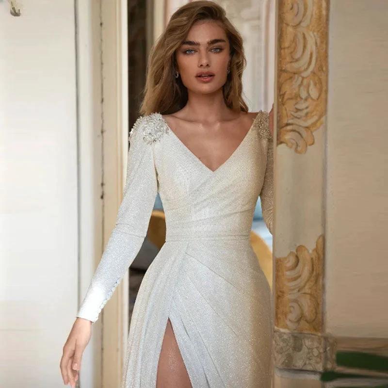 Sparkly Wedding Dresses Sheath V-Neck Long Sleeves Beaded Backless Bridal Gown Side Split Vestido De Noiva Court Train - Image 3