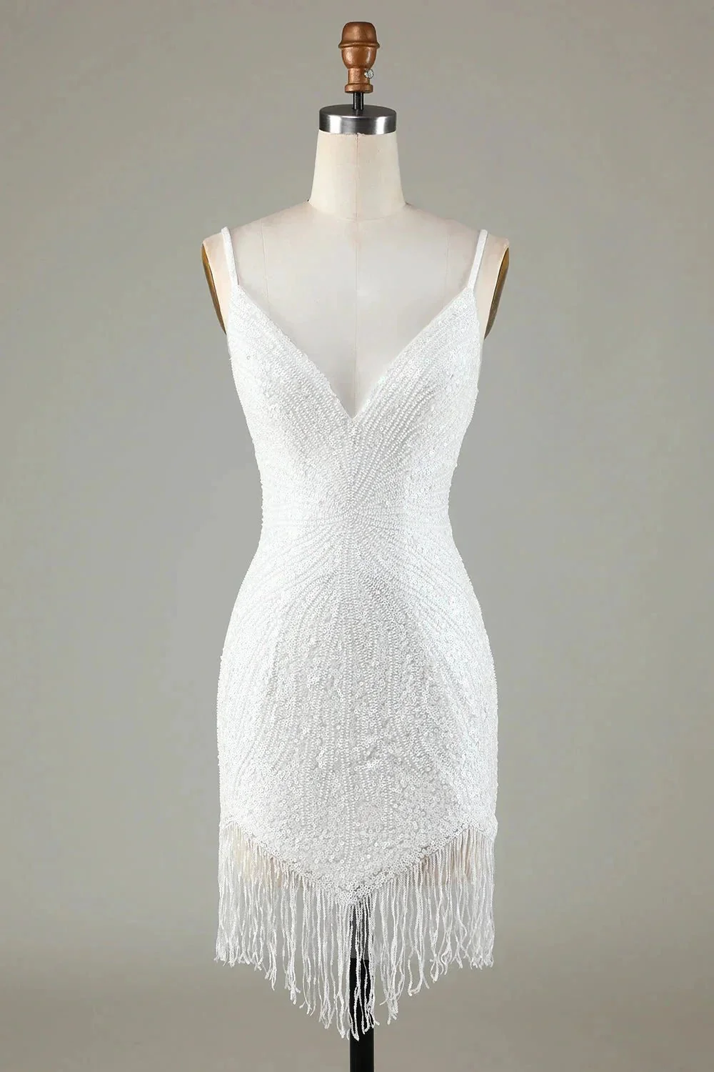 Sparkly White Lace-Up Back Beaded Short Homecoming Dress with Tassel - Image 2