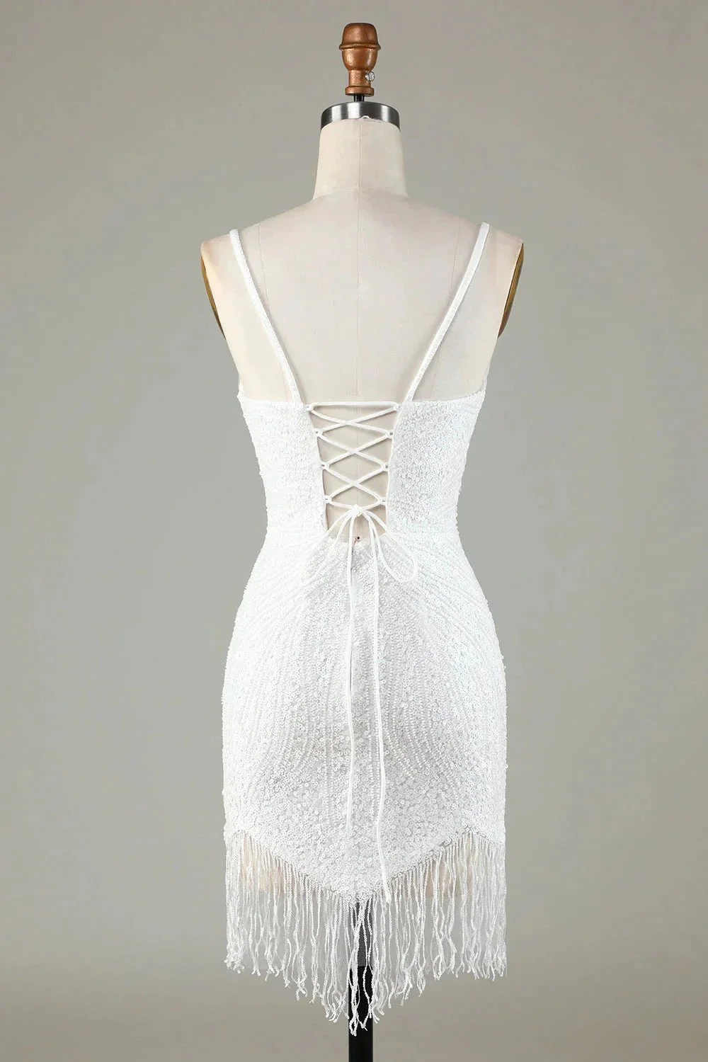 Sparkly White Lace-Up Back Beaded Short Homecoming Dress with Tassel - Image 3