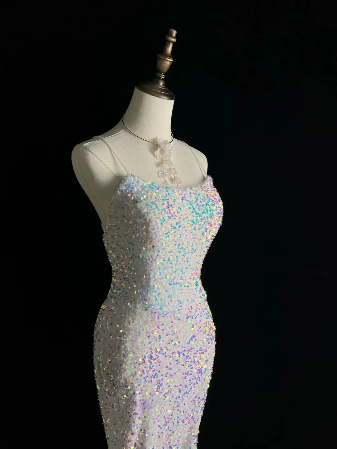 Sparkly White Spaghetti Straps Sequins Prom Dress Mermaid Slit Tassel Evening Dress Y8648 - Image 2