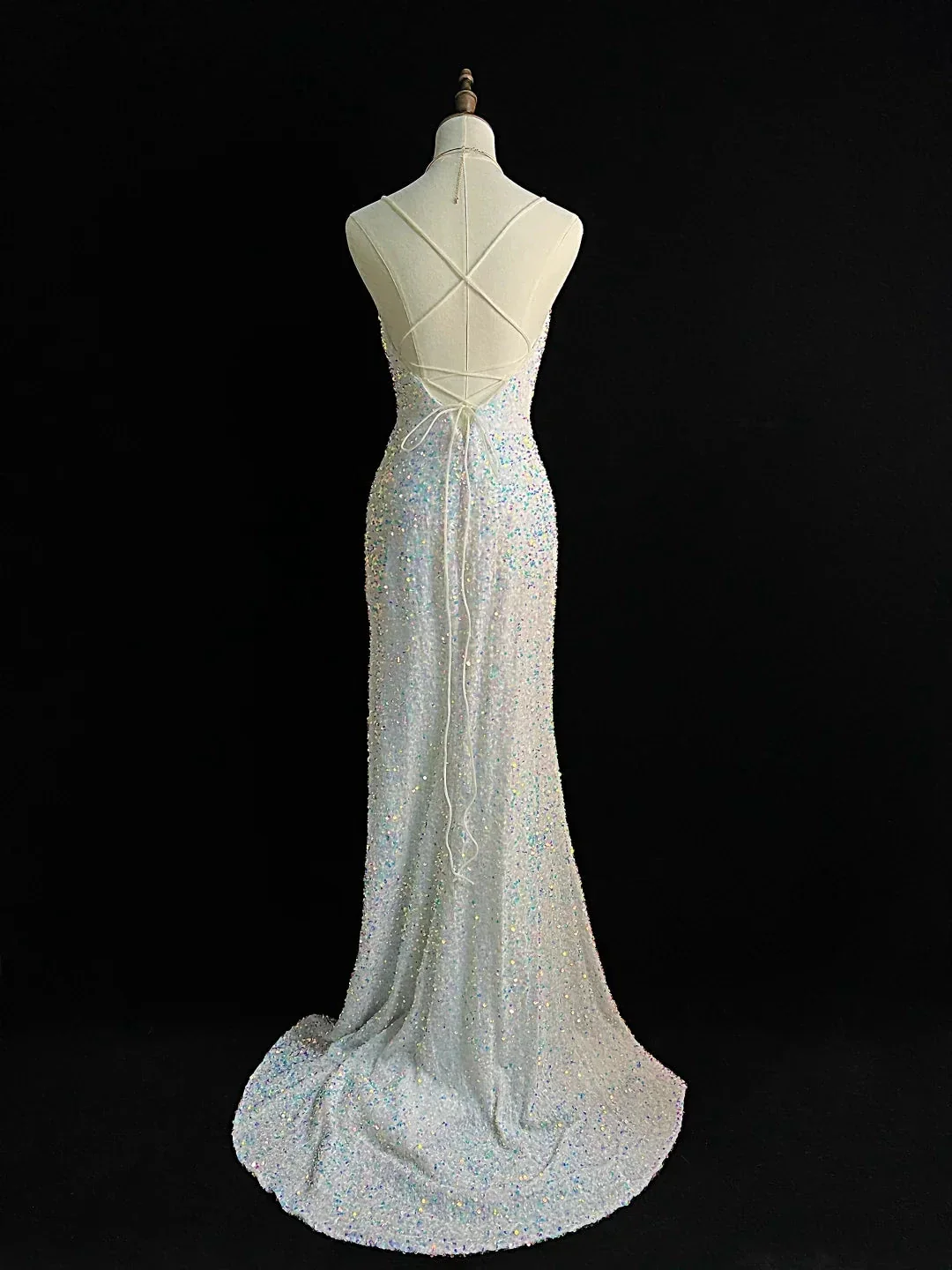 Sparkly White Spaghetti Straps Sequins Prom Dress Mermaid Slit Tassel Evening Dress Y8648 - Image 3