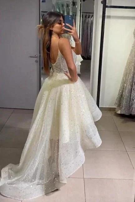 Sparkly Yellow Spaghetti Straps Hi-lo Cocktail Party Dresses Prom Gowns - Image 2