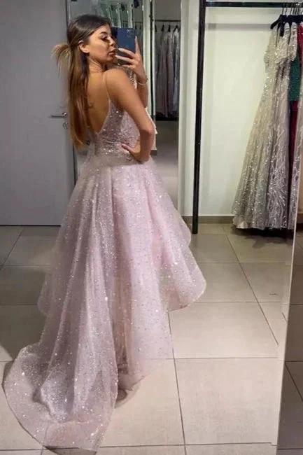 Sparkly Yellow Spaghetti Straps Hi-lo Cocktail Party Dresses Prom Gowns - Image 3