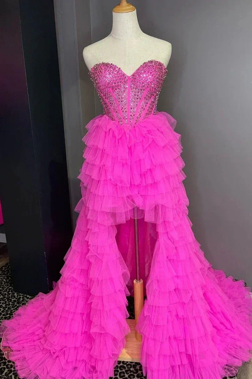 Spencer | Tulle A-Line Tiered Sweetheart Beaded High Low Prom Dress - Image 2