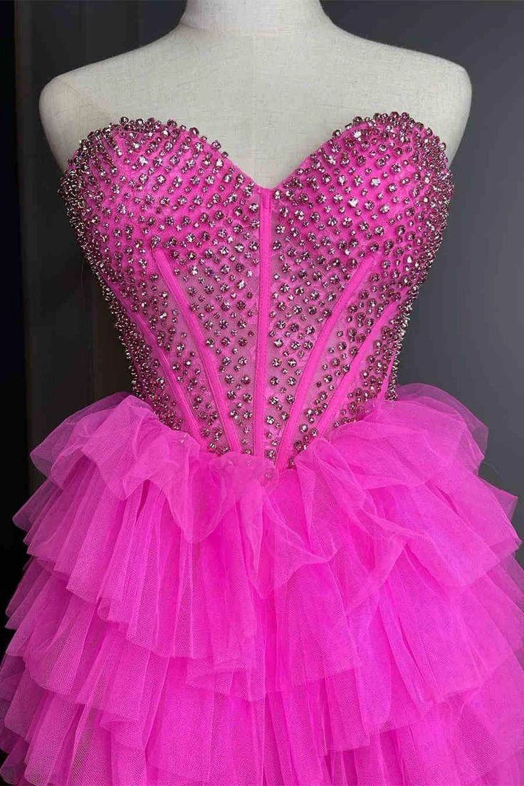 Spencer | Tulle A-Line Tiered Sweetheart Beaded High Low Prom Dress - Image 3