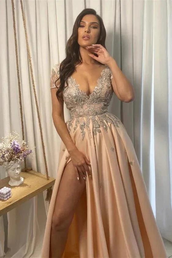 Split Front A-line Off-the-Shoulder Lace V-Neck Applique  Prom Dress - Image 3