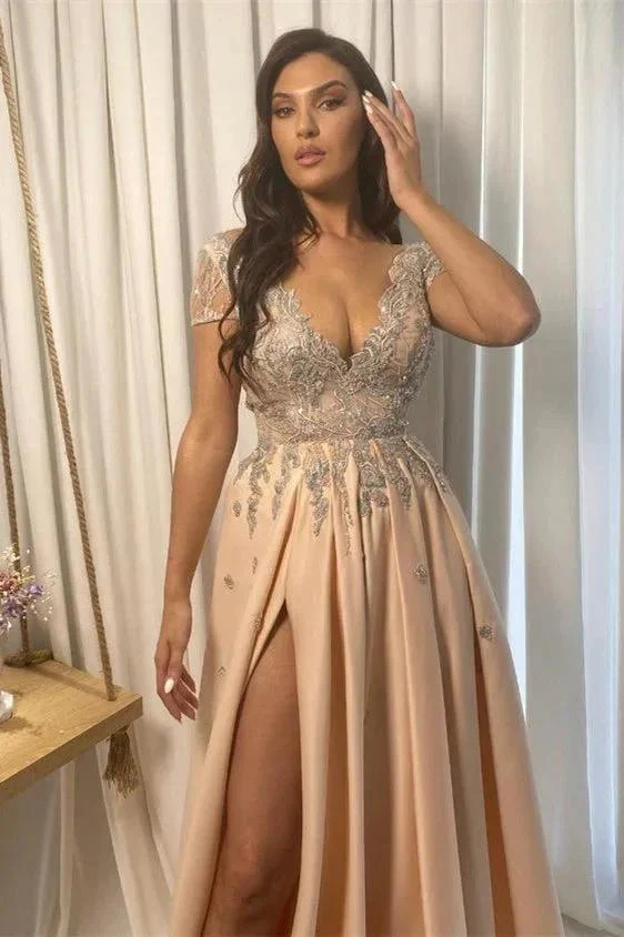 Split Front A-line Off-the-Shoulder Lace V-Neck Applique  Prom Dress - Image 4