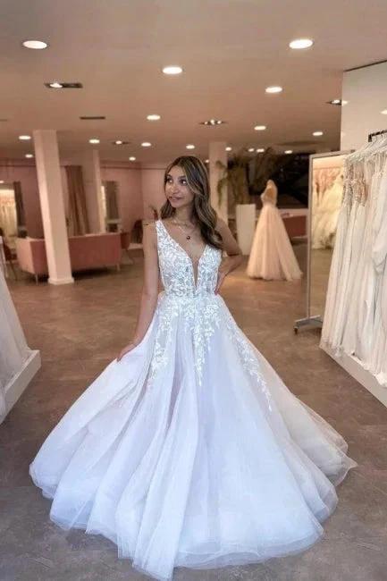 A-Line Tulle V-Neck Floor-Length Sleeveless Charming Wedding Dresses with Appliques - Image 2