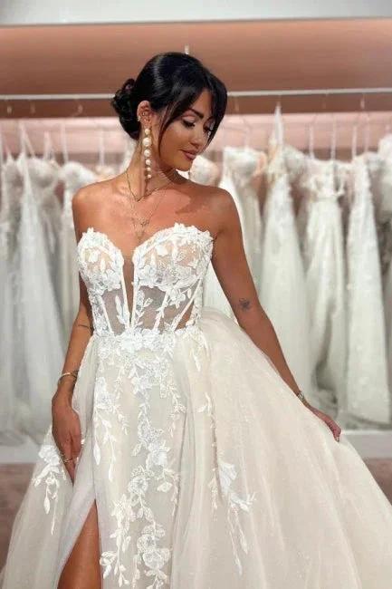 Split Front A-Line Tulle Lace Sweetheart Floor-Length Sleeveless Charming Wedding Dresses with Appliques - Image 2