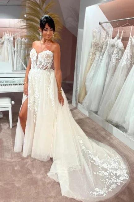 Split Front A-Line Tulle Lace Sweetheart Floor-Length Sleeveless Charming Wedding Dresses with Appliques - Image 3