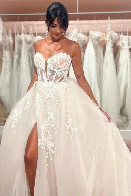 Split Front A-Line Tulle Lace Sweetheart Floor-Length Sleeveless Charming Wedding Dresses with Appliques - Image 4