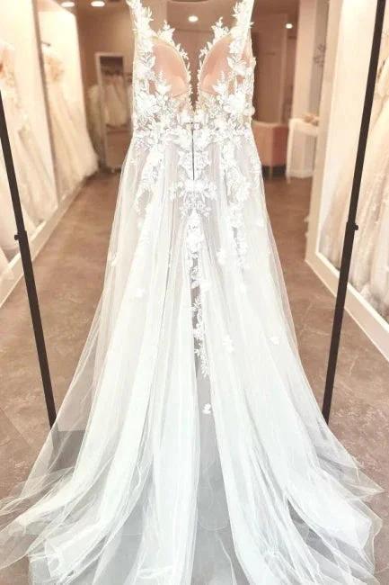 Split Front A-Line Tulle Sleeveless Spaghetti Straps Sweetheart Wedding Dresses with Appliques - Image 2