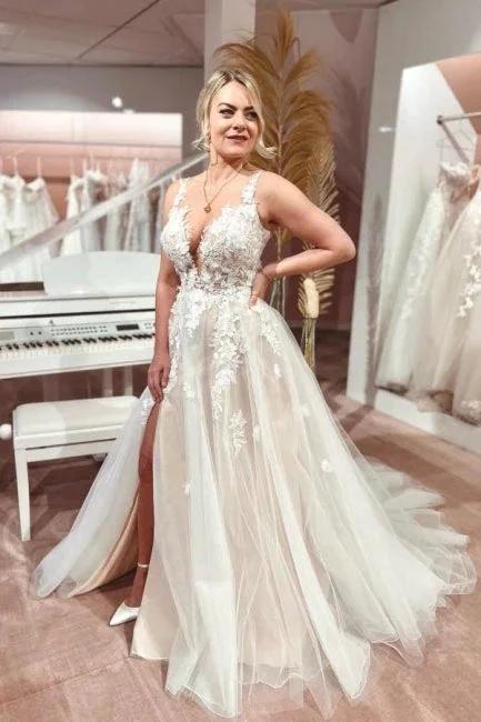 Split Front A-Line Tulle Sleeveless Spaghetti Straps Sweetheart Wedding Dresses with Appliques - Image 4