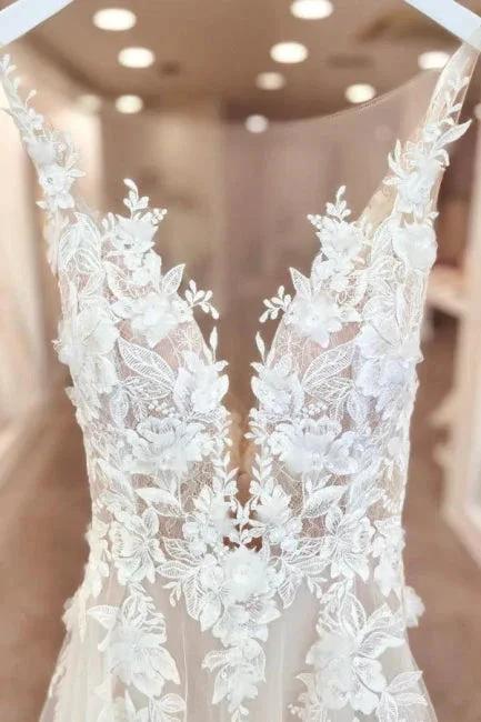 Split Front A-Line Tulle Sleeveless Spaghetti Straps Sweetheart Wedding Dresses with Appliques - Image 5