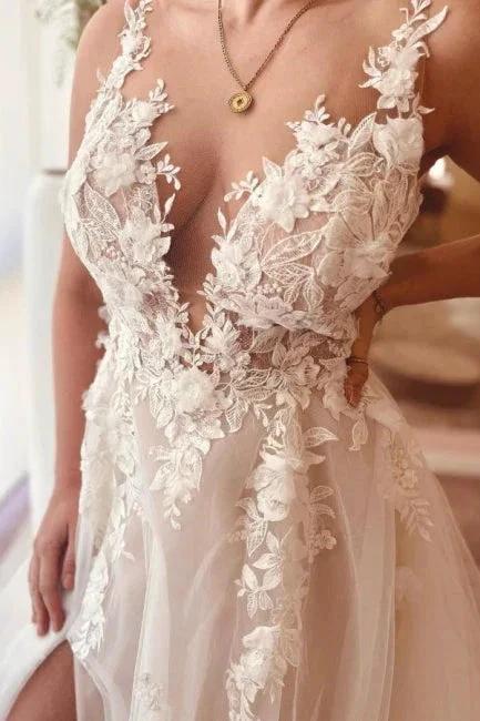 Split Front A-Line Tulle Sleeveless Spaghetti Straps Sweetheart Wedding Dresses with Appliques - Image 6