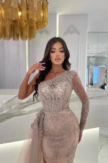 Split Front Column One Shoulder Tulle Long Sleeve Prom Dresses with Appliques - Image 2