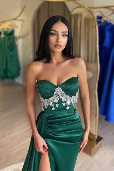 Split Front Dark Green Stain A-Line Sweetheart Sleeveless Prom Dresses with Beadings - Image 2