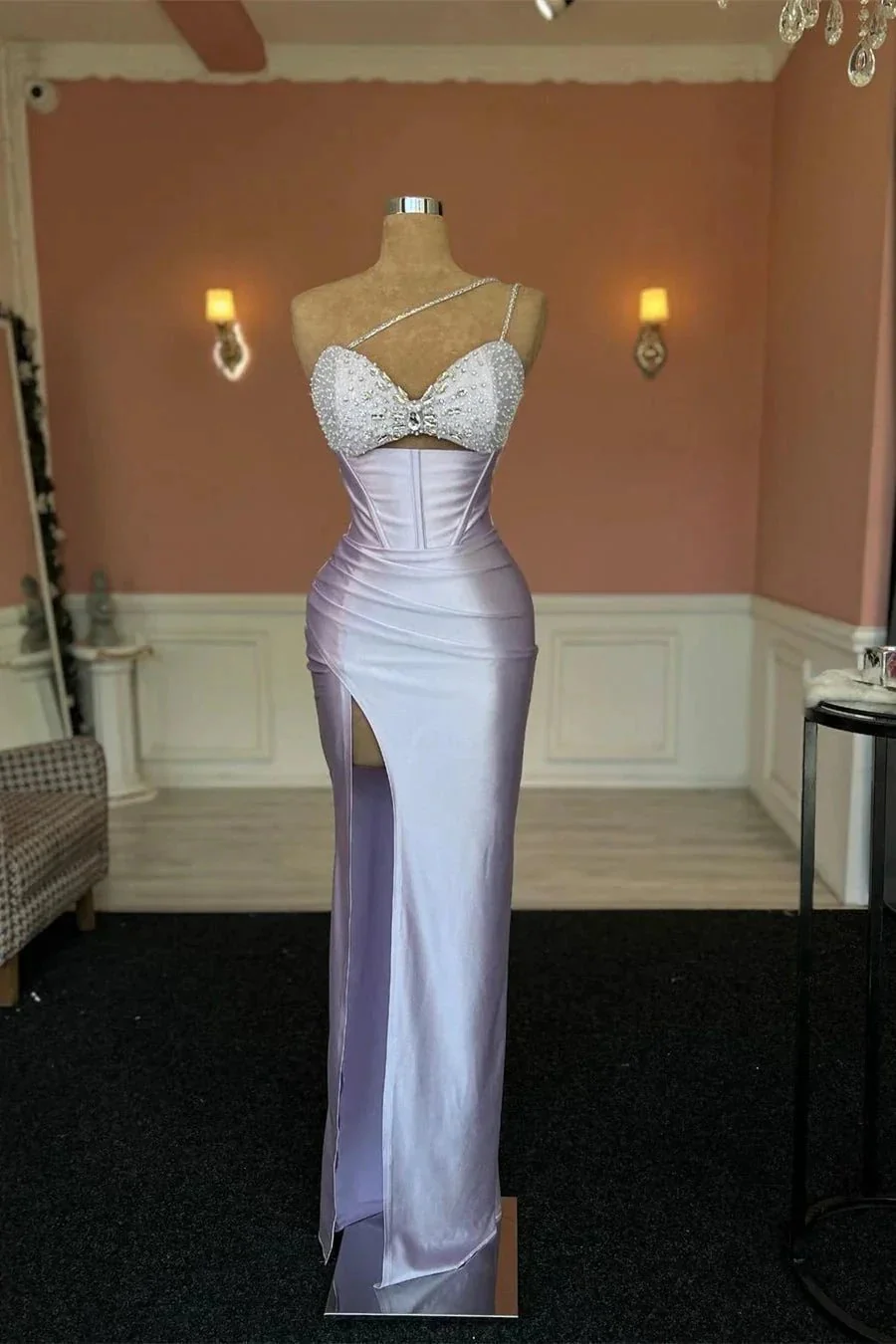Split Front Mermaid Sleeveless Stain Prom Dress with Beadings - Image 3