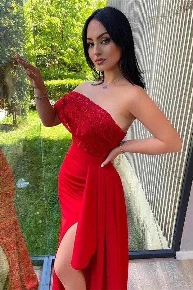Split Front One Shoulder Mermaid Gown with Sequins and Lace Appliques - Image 3