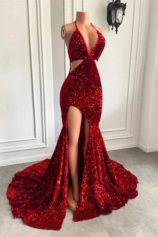 Split Front Red Halter V-Ncek Sequin Floor Length Mermaid Prom Dress - Image 2