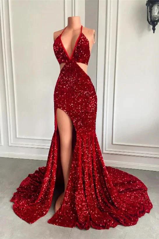 Split Front Red Halter V-Ncek Sequin Floor Length Mermaid Prom Dress - Image 3