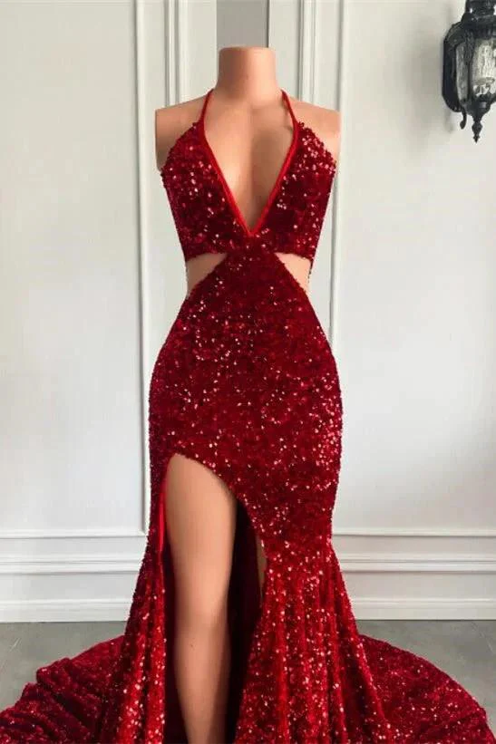 Split Front Red Halter V-Ncek Sequin Floor Length Mermaid Prom Dress - Image 4