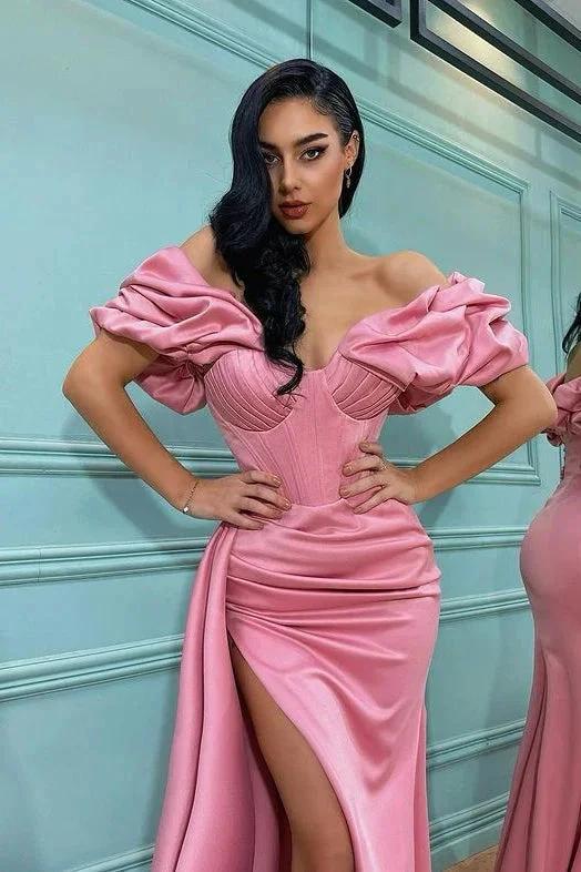 Split Front Rose Petal Pink Mermaid Prom Dress with Off-The-Shoulder - Image 2