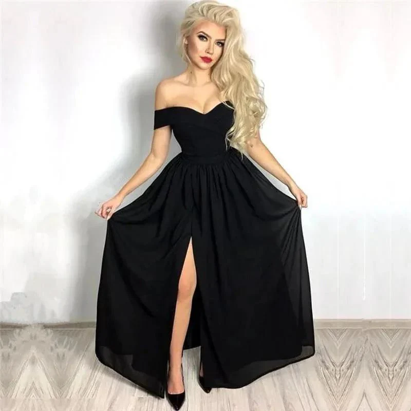 Split Front Sleek Midnight Black Off-the-Shoulder Prom Dress with Ruffle - Image 2