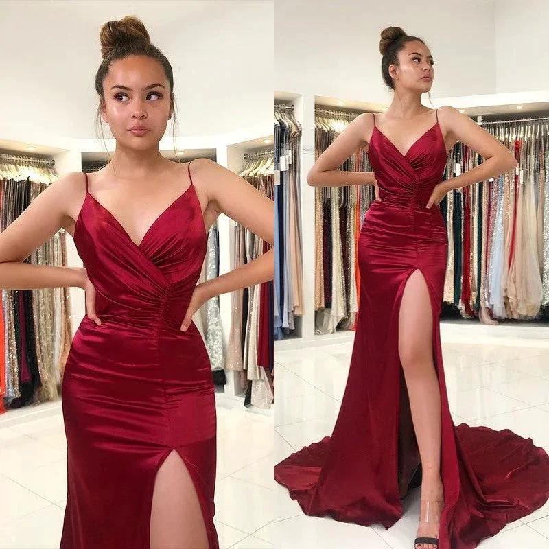 Split Front Spaghetti-Strap V-neck Burgundy Mermaid Prom Dress - Image 3