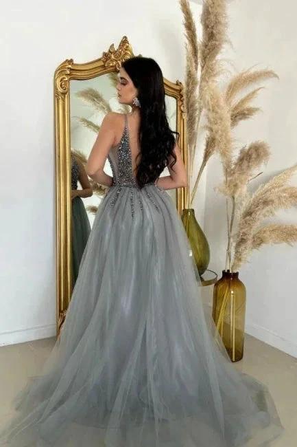Split Front V-Neck A-Line Spaghetti Straps Floor-Length Tulle Sleeveless Prom Dress with Beadings - Image 2