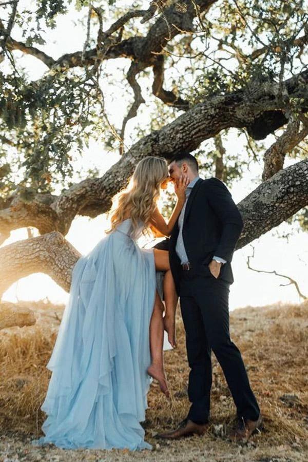 Split Sky Blue Rustic Wedding Dresses Beach Wedding Gown with Court Train  WD289 - Image 2