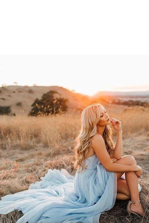 Split Sky Blue Rustic Wedding Dresses Beach Wedding Gown with Court Train  WD289 - Image 4