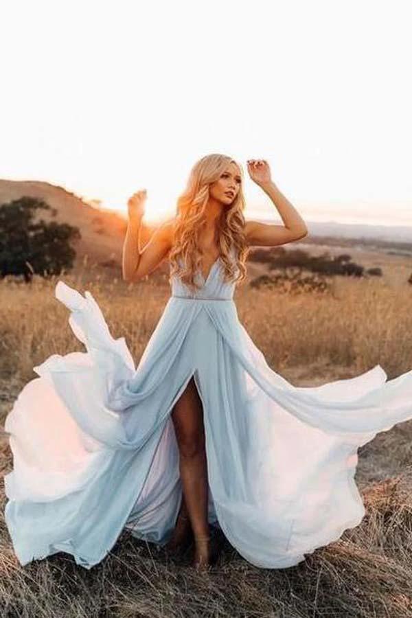 Split Sky Blue Rustic Wedding Dresses Beach Wedding Gown with Court Train  WD289 - Image 5