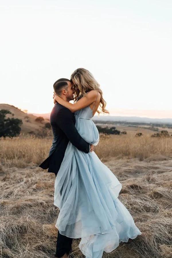 Split Sky Blue Rustic Wedding Dresses Beach Wedding Gown with Court Train  WD289 - Image 6