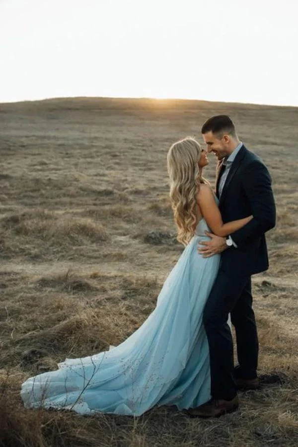 Split Sky Blue Rustic Wedding Dresses Beach Wedding Gown with Court Train  WD289 - Image 7