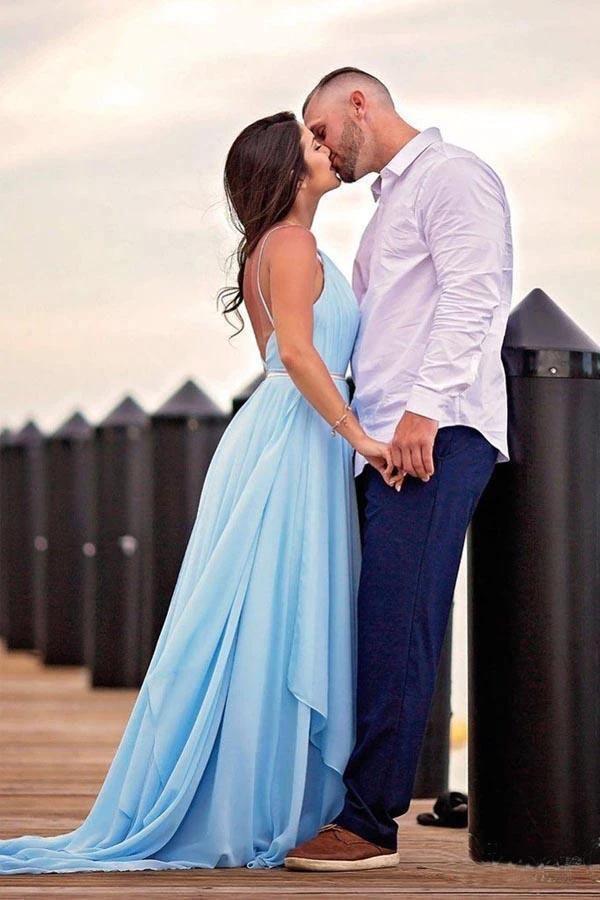 Split Sky Blue Rustic Wedding Dresses Beach Wedding Gown with Court Train  WD289 - Image 9