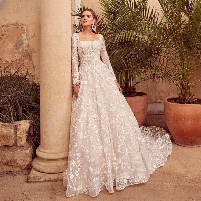 Square Collar A-line Wedding Dress Lace Appliques Long Sleeves Court Train vestidos de novia - Image 2