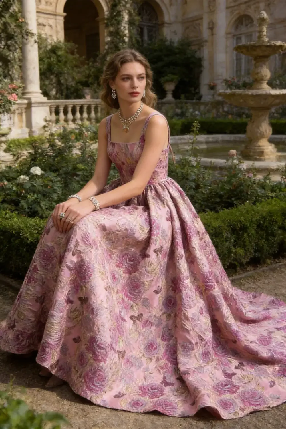 Floral Jacquard Square Neck Aline Evening Gown With Train - Image 2