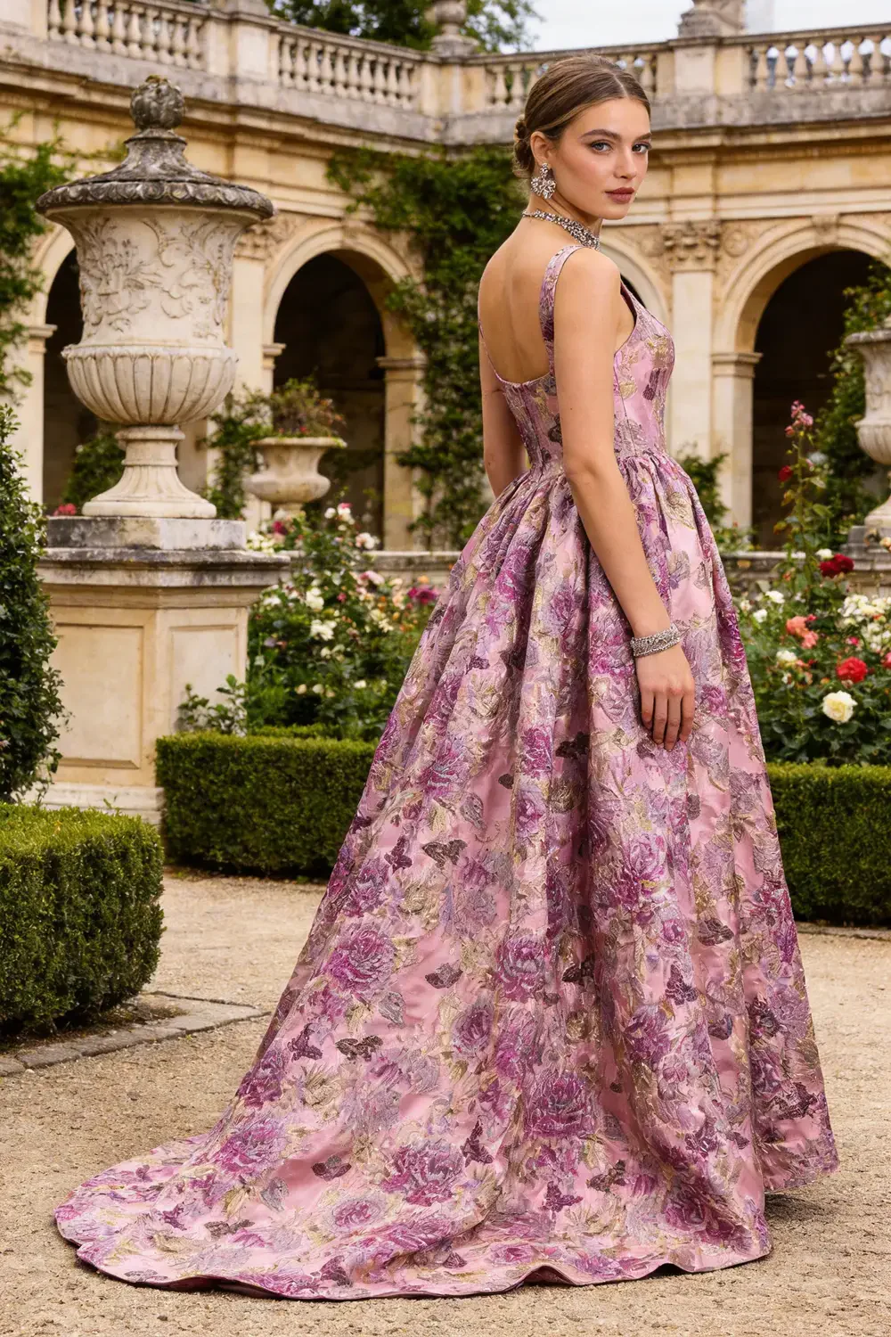Floral Jacquard Square Neck Aline Evening Gown With Train - Image 3