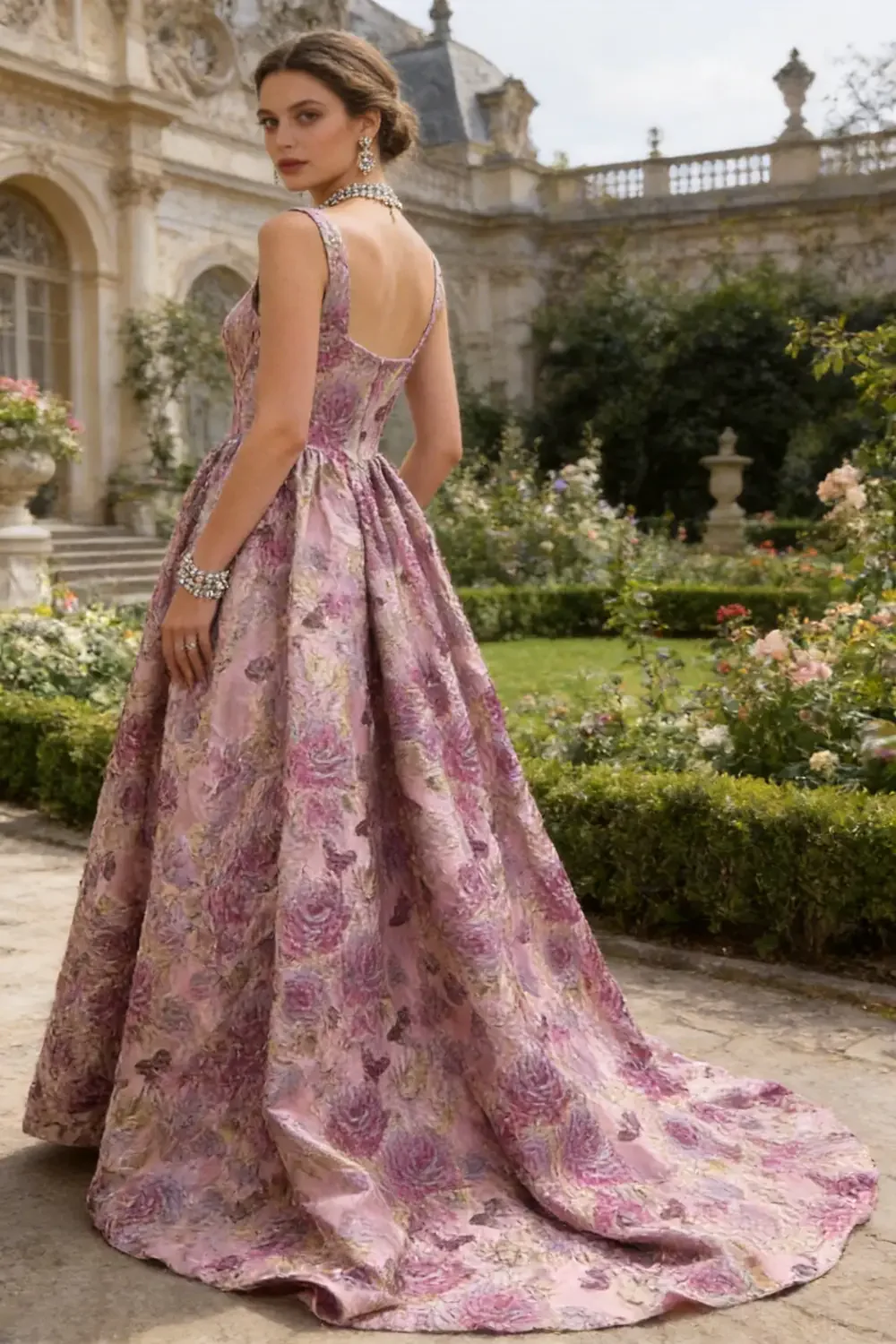 Floral Jacquard Square Neck Aline Evening Gown With Train - Image 4