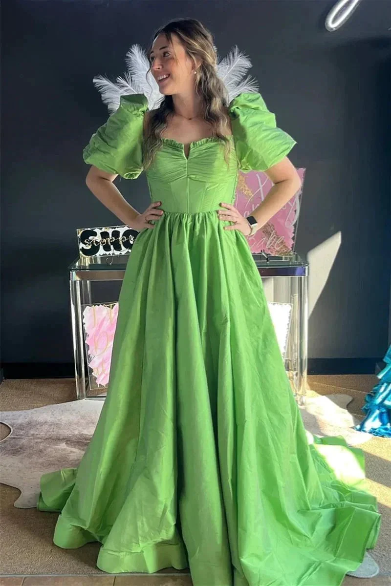 Lynette | Square Neck Fuchsia Puff Sleeves A-Line Prom Dress - Image 3