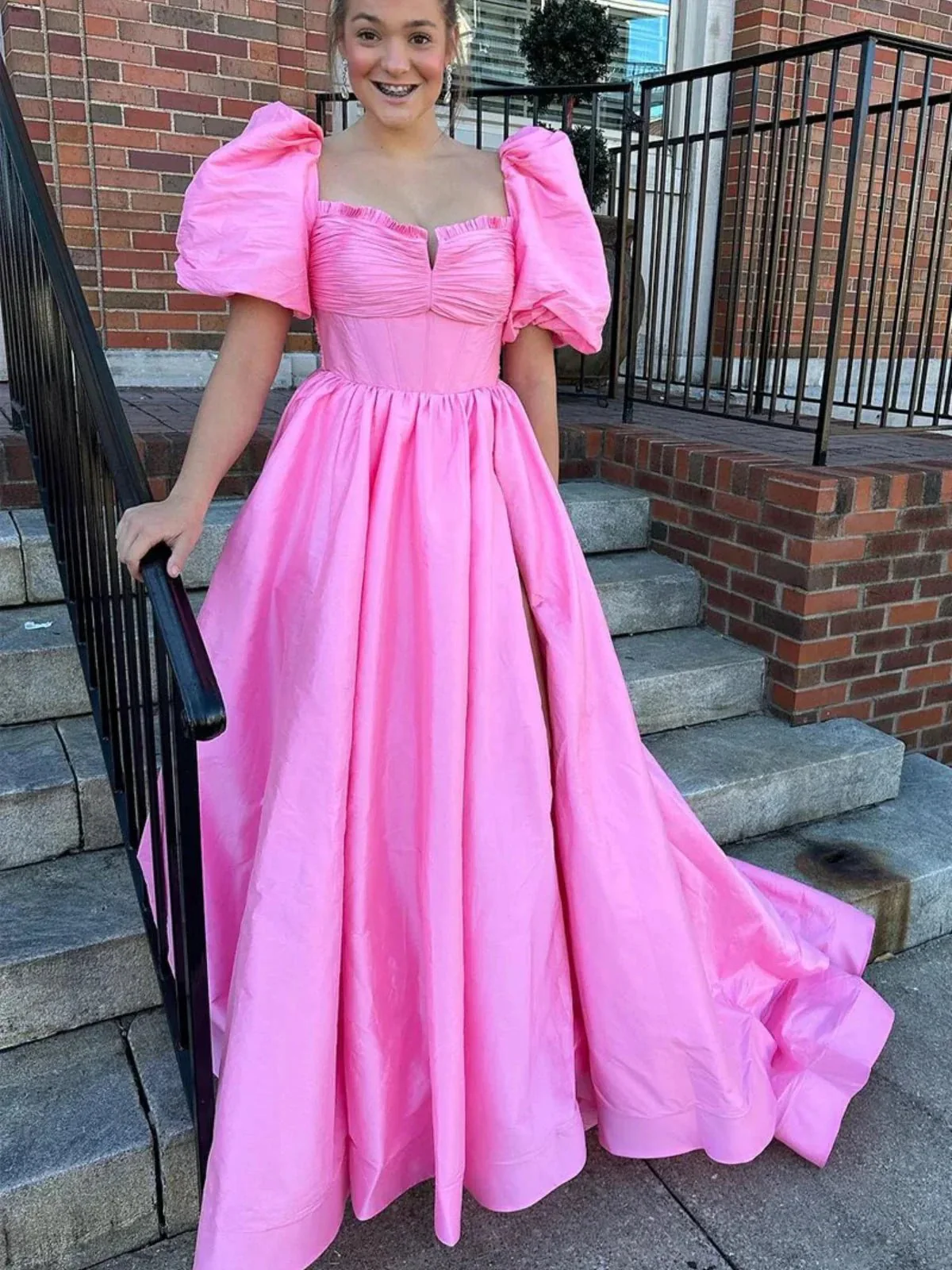 Lynette | Square Neck Fuchsia Puff Sleeves A-Line Prom Dress - Image 7